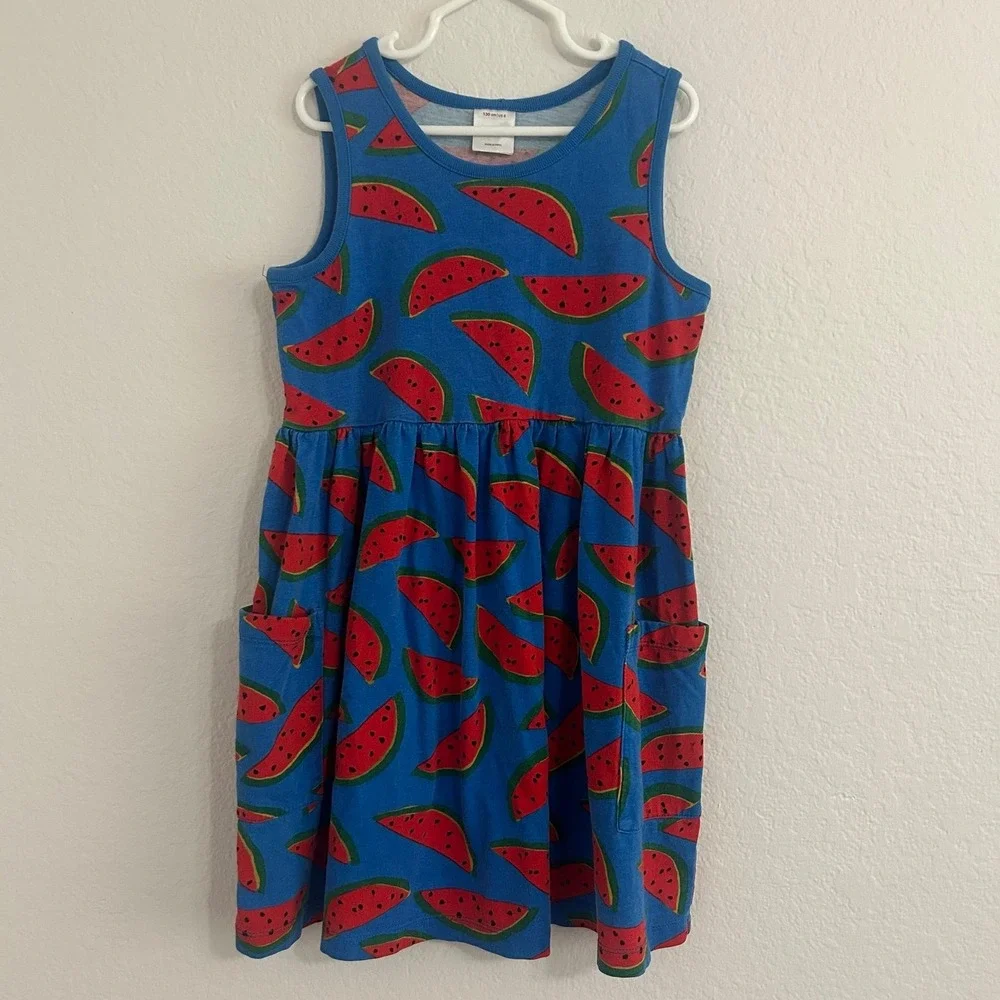 Hanna Andersson Sleeveless Watermelon Print Blue Pocket Dress Size 8